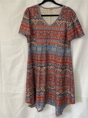 One World Boho V-Neck Short Sleeve Dress in Rust and Blue